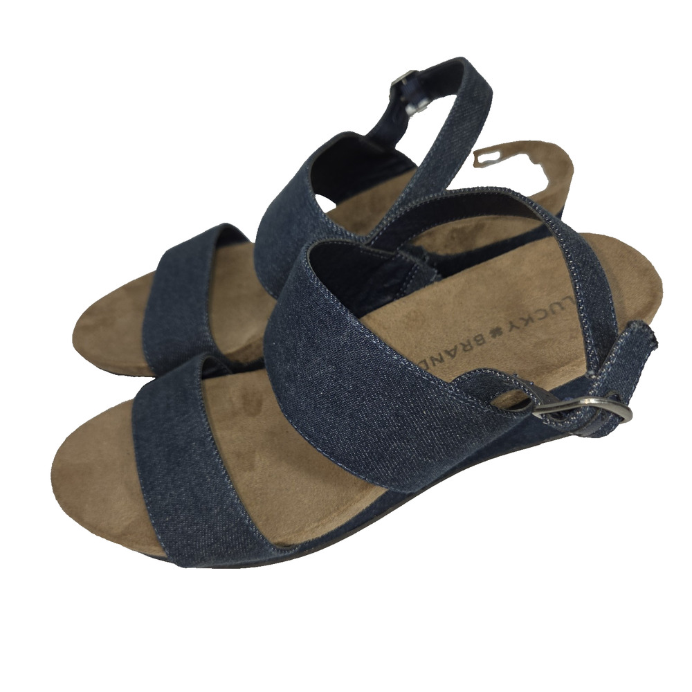 Vtg Lucky Brand Sandals 7.5M Kenisha Blue Denim Wedge Y2k 2000s Shoes Heels Jean